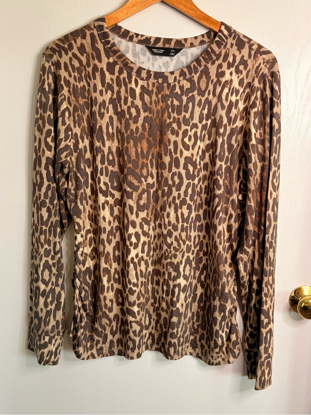 Simply Vera Wang Women’s XXL Brown Beige Leopard Ruched Knit Crew Top Stretch